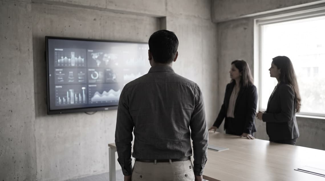 A man standing with his back to camera facing a wall-mounted display of bar charts, line graphs and a world map, with two women in dark blazers talking beside a meeting table in a concrete-walled room.