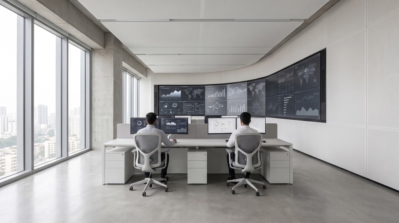 Two operators at desk workstations facing a curved wall of dashboard displays in a modern control room, with daylight from a full-height window wall on the left.
