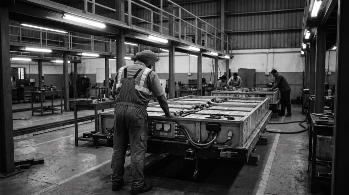 A technician in overalls inspecting an electric vehicle battery pack on a workshop bench, with other workers at benches behind them in a depot maintenance bay.