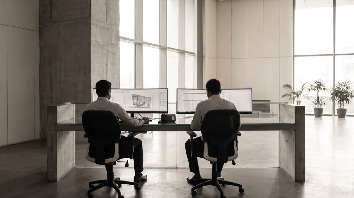 Two staff seen from behind at a long glass and concrete operations counter, each at a widescreen monitor showing floor plans and a spreadsheet, in a daylit office with a full-height window wall behind them.