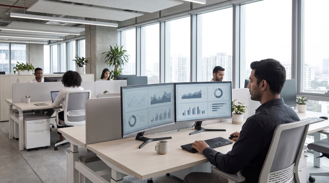 An analyst at a desk with two widescreen monitors showing line, area, bar and donut charts, in a daylit open-plan office with colleagues working at desks behind and a window wall onto a city skyline.