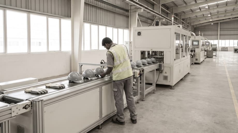 A worker in a hi-vis vest inspecting white hard hats moving along a conveyor on a production line, with folded gloves on the belt beside them and machinery running down the length of a daylit factory hall.