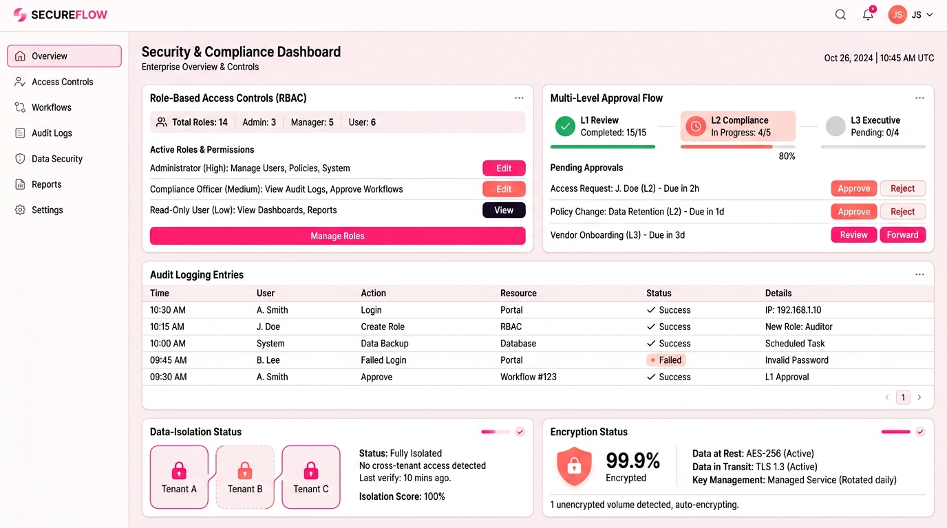 Security and compliance console showing role-based access controls, a multi-level approval flow, audit logging entries, and data isolation status
