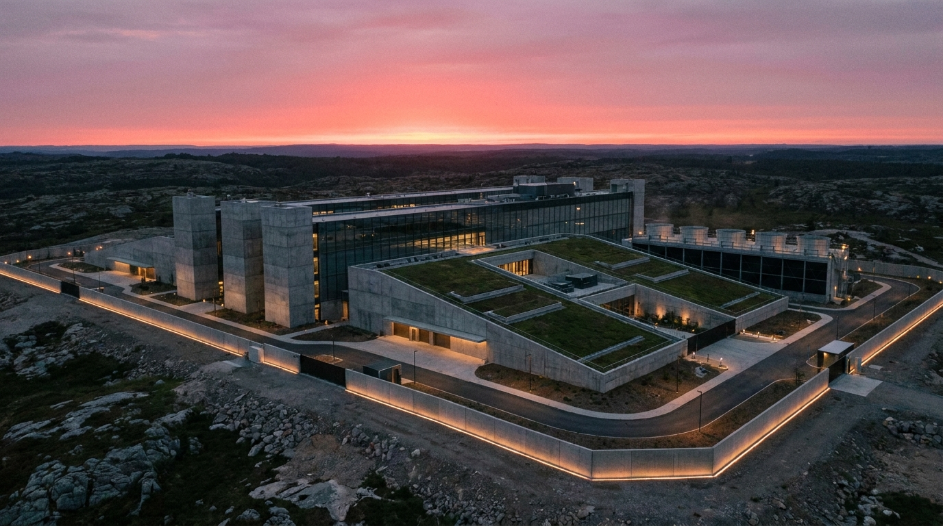 Aerial view of a sovereign grade secure facility at dusk