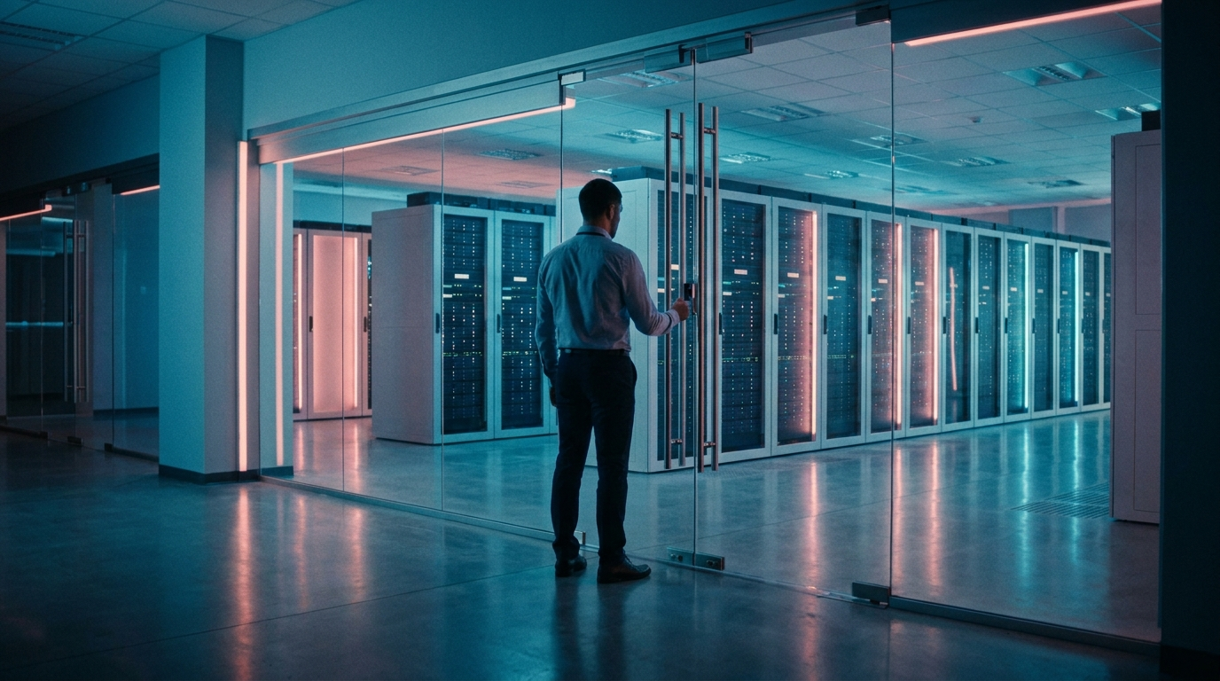 An engineer at the entrance to an in-country secure server hall
