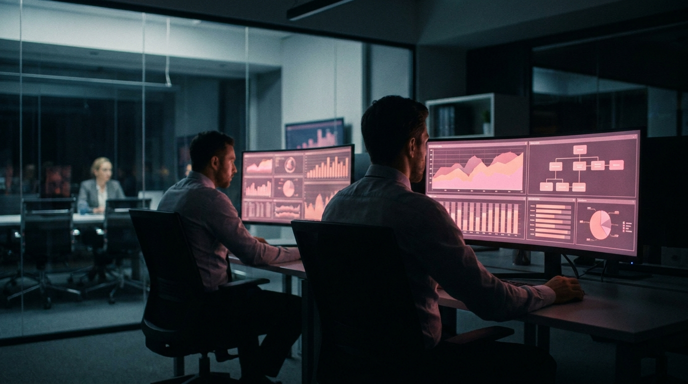 Commercial deal desk with analysts reviewing pricing and margin dashboards