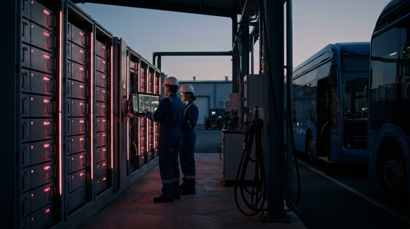 Engineers reviewing a battery diagnostics tablet at an EV depot with battery racks