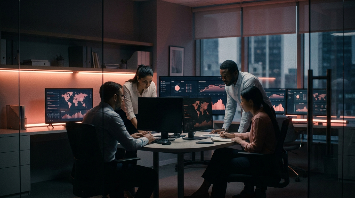 Finance analysts reviewing reporting dashboards on a trading floor