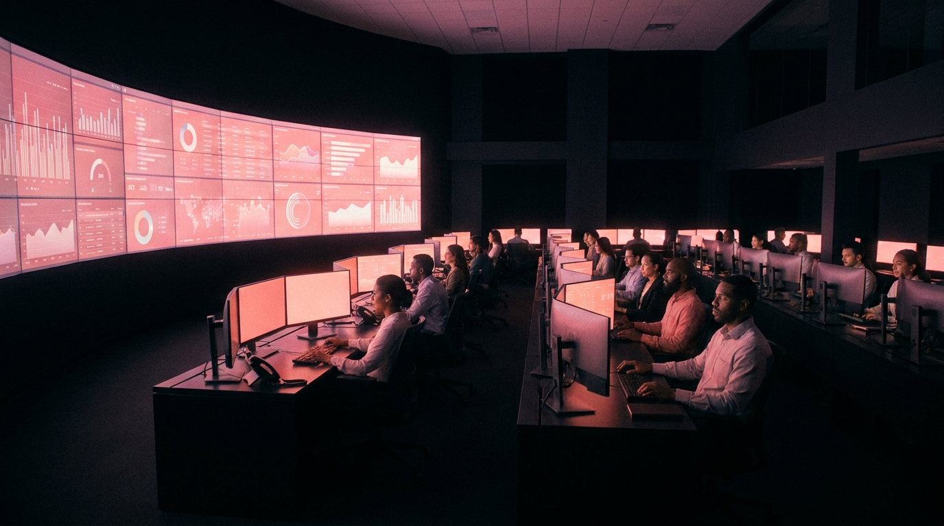 Enterprise operations command center with analysts monitoring live dashboards