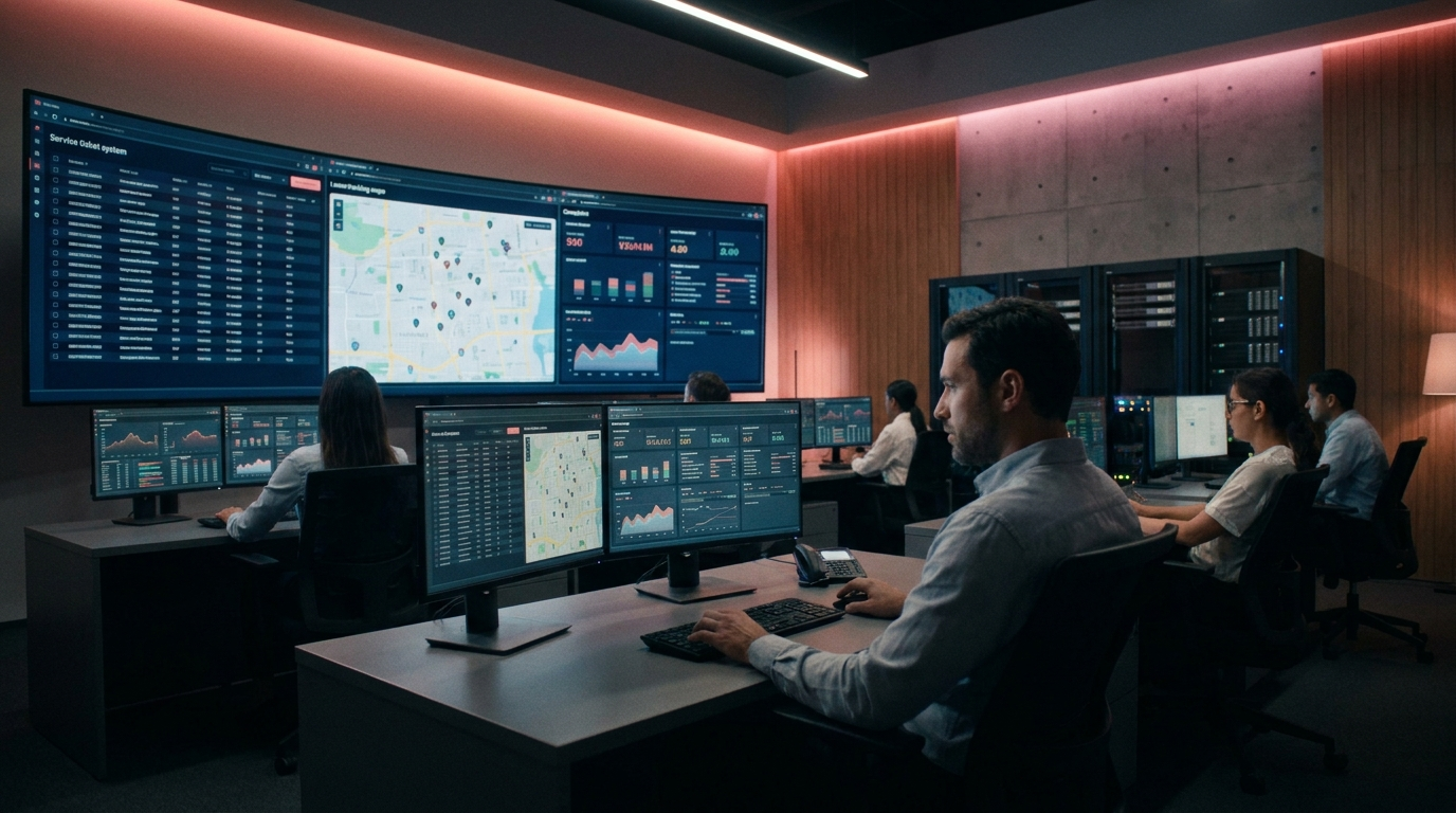 Operations control room with analysts monitoring live service and dispatch dashboards